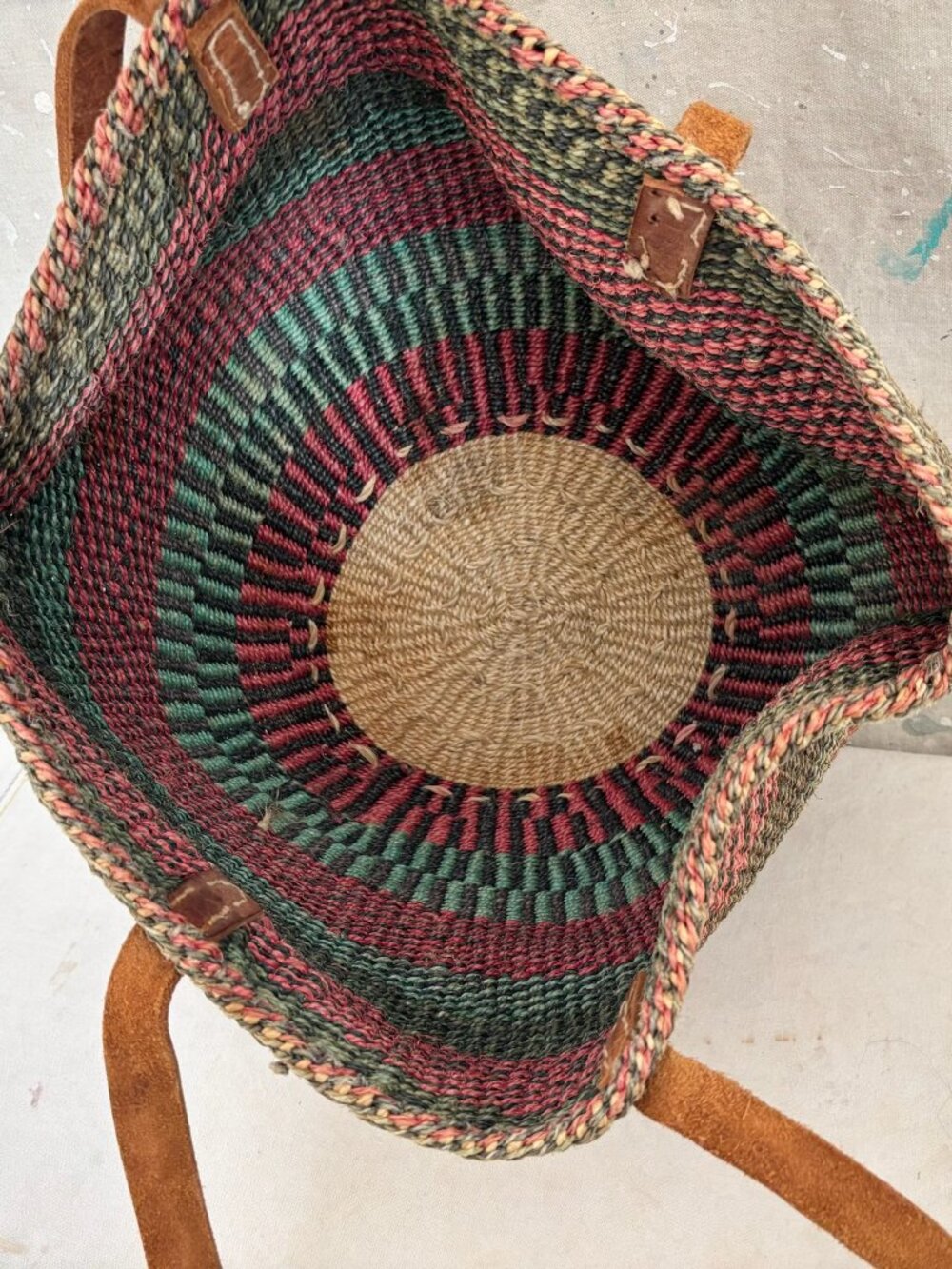 Sisal Market Jute Leather Shoulder Bag Tote Bag Vintage - Picture 8 of 8